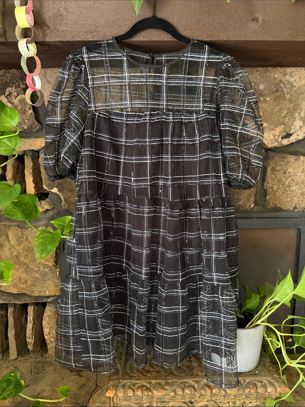Vici Black Blue & White Plaid Sheer Tiered Mini Dress *Sparkly*